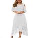 AOOCHASLIY Fall Dress Women s Fashion Casual Solid Color Plus Size Round-Neck Lace Short Sleeve Loose Pullover Dress