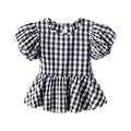 Fimkaul Girls Tops T Shirts Summer Plaid Top Pleated Hem Crew Neck Short Sleeves Casual Seaside Exclusive For 0 To 6 Years T-shirts Baby Clothes Black