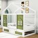 Harper Orchard Yanique Twin Size 2 Drawers Wooden House Bed w/ Windows Wood in Green/White | 74 H x 50 W x 77 D in | Wayfair