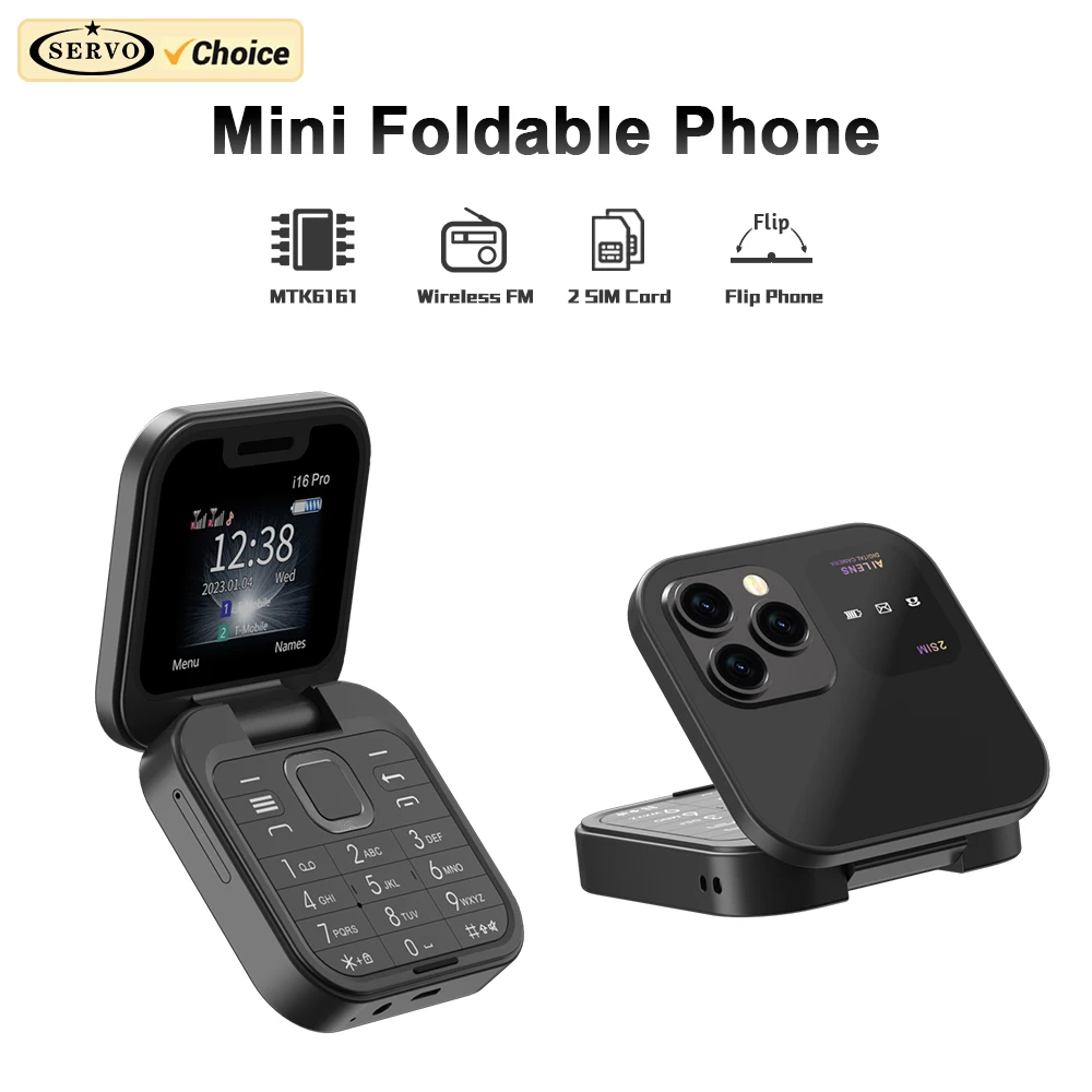SERVO i16Pro Kleines faltbares Mobiltelefon, automatische Anrufaufzeichnung, Geschwindigkeitswahl, FM-Radio, Mini-Flip-Telefone, 2-Karte, GSM, entsperrtes Mobiltelefon Image