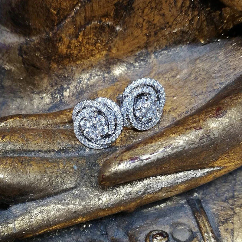 Huitan Silber Farbe Blume Ohr stecker für Frauen voll schillernden Zirkonia Chic Braut Hochzeit Accessoires Modeschmuck Image