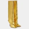 Silber Gold feiner Absatz quadratischer Kopf knielange Stiefel 2023 Winter neue vielseitige schmale Ärmel lange Stiefel große 43 Damenschuhe