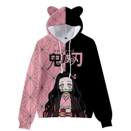 Kamado Nezuko Cosplay Hoodie 3D-Druck Kapuze Ohr Pullover Sweatshirt Streetwear Jacke Mantel