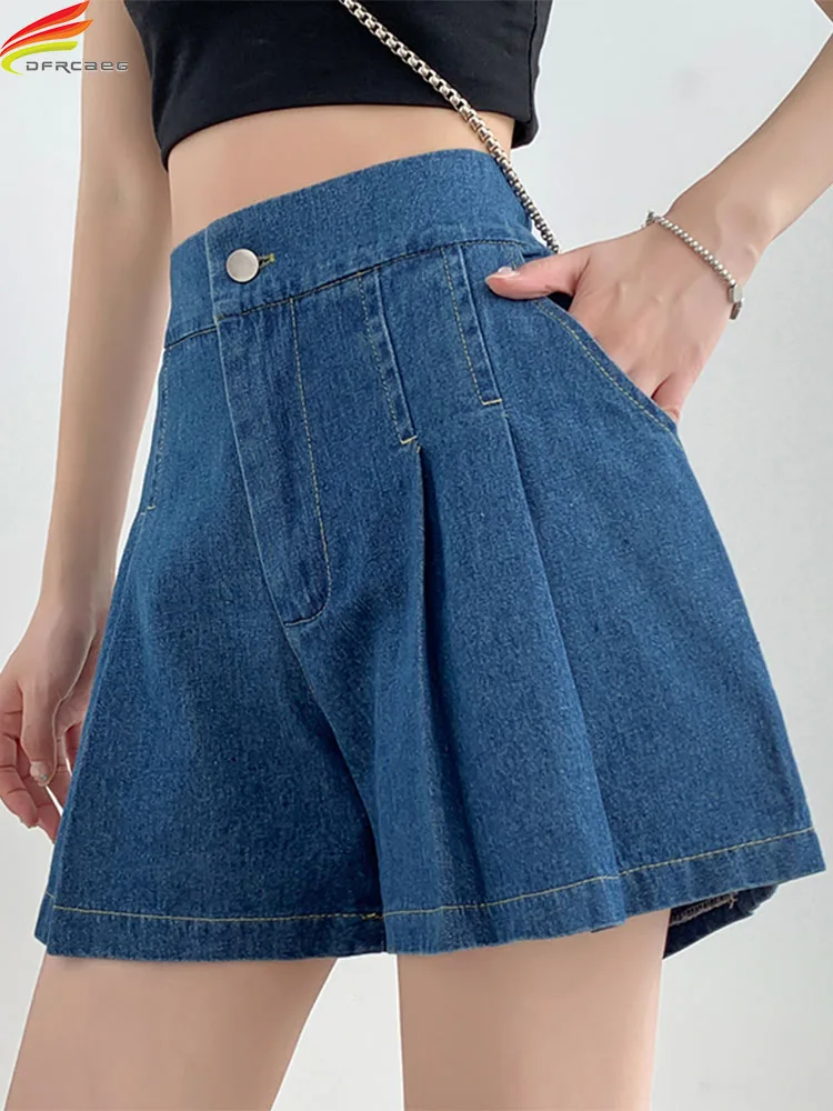 DFRCAEG 2024 Sommer Plus Größe Denim Shorts Für Frauen Hohe Elastische Taille Blau Oder Himmel Blau Plissee Mini Große Größe Kurze femme