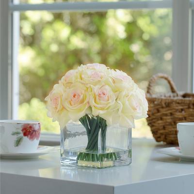 Enova Home Artificial Silk Rose Flowers in Cube Glass Vase with Faux Water for Home Office Decoration - N/A