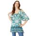 Plus Size Women's Cold-Shoulder Ultra Femme Tunic by Roaman's in Turquoise Medallion Border (Size 30/32) Long Shirt