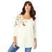 Plus Size Women's Three-Quarter Sleeve Embellished Tunic by Roaman's in Ivory Vine Embellishment (Size 12) Long Shirt