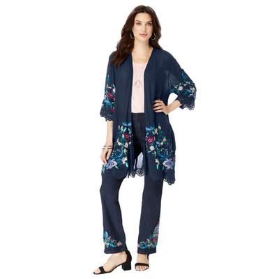 Plus Size Women's Floral Embroidered Kimono by Roaman's in Navy Embroidered Floral (Size 5X/6X)