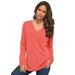 Plus Size Women's Fine Gauge Drop Needle V-Neck Sweater by Roaman's in Sunset Coral (Size S)