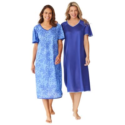 Plus Size Women's 2-Pack Short Silky Gown by Only Necessities in Ultra Blue French Blue Flower (Size 1X) Pajamas