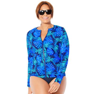 Plus Size Women's Chlorine Resistant Zip Up Swim Shirt Rash Guard by Swimsuits For All in Vibrant Palm Blue (Size 4)