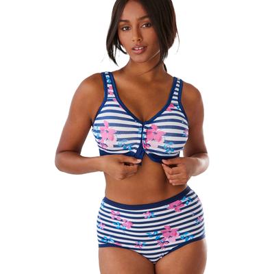 Plus Size Women's Wireless Back-Close Lounge Bra by Comfort Choice in Evening Blue Floral Stripe (Size 54 DD)