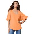 Plus Size Women's Ruffle-Sleeve Top with Cold Shoulder Detail by Roaman's in Orange Melon (Size 18/20)