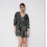 Zara Dresses | New Zara Empire Waist Paisley Pattern Dress Metallic Thread Long Sleeve Flowy | Color: Black/Silver | Size: Xl