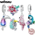 WOSTU-Pendentif perroquet animé en argent regardé 925 fleur en émail rose perles de