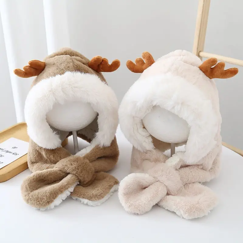 Winter Kinder Beanie Hut Junge Mädchen Cartoon Deer Geweih Baby Onesie Hüte Schal Weiche Plüsch Futter Infant Winddicht Thicke Kleinkind Kappe Image