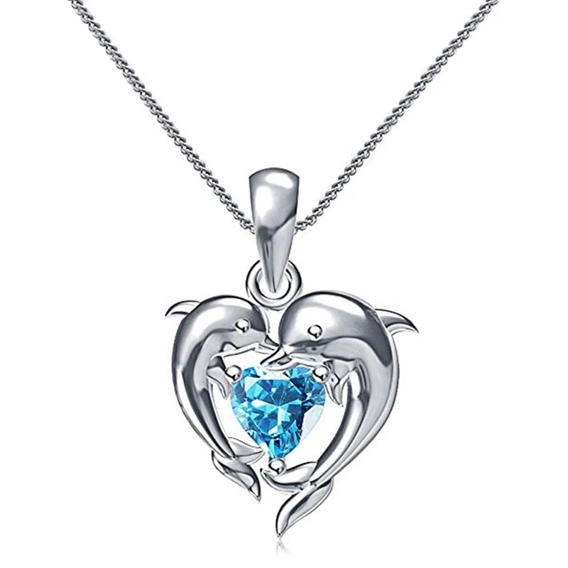 Huitan Paar Delphin mit blauem Herz CZ Halskette Frauen schicke Braut Hochzeit Schlüsselbein Kette Halsketten Fancy Gift Statement Schmuck Image