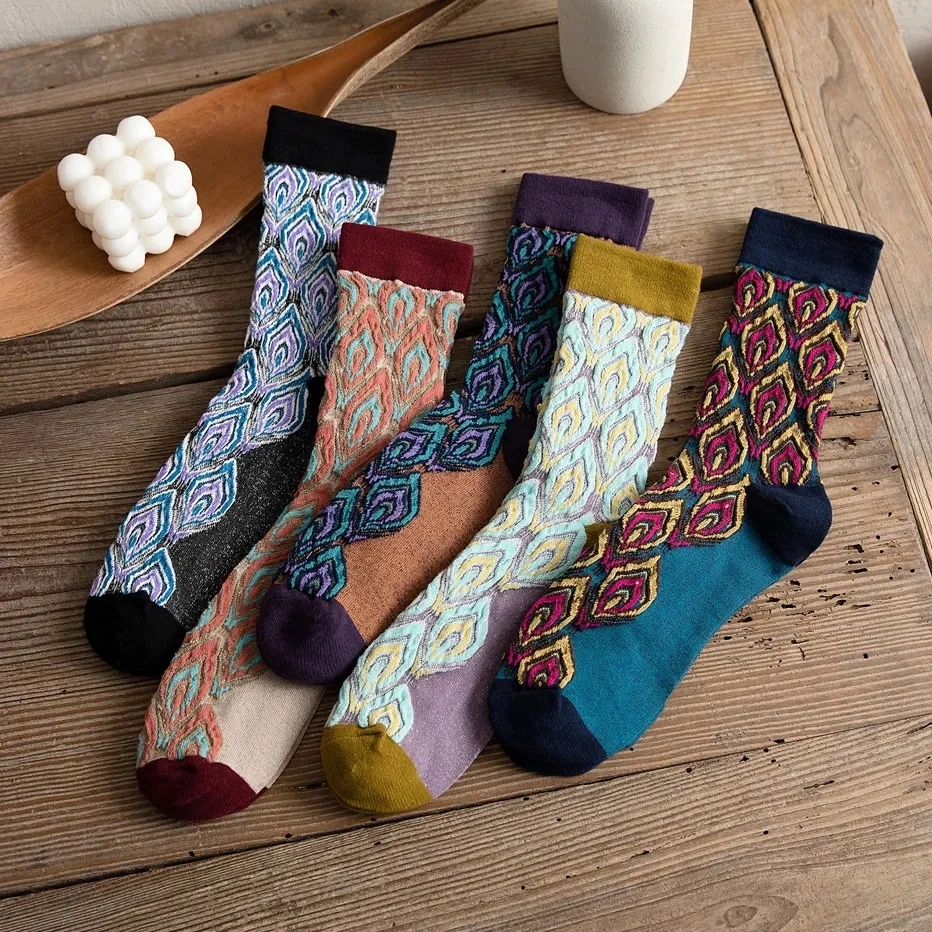5 Paare/satz Lange Socken Frauen Vintage Luxus Herbst Winter Neue Pfauenfeder Muster Harajuku Stil Socken Chaussette Femme Image