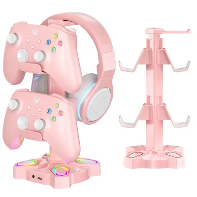 USB-Hub-Controller-Halter, Kopfhörerständer, drehbarer Headset-Ständer mit 9 Lichtmodi und 2 Image