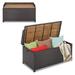 BULYAXIA Patio Storage Bench Rattan Wicker Deck Box with Acacia Wood Seat Gas Strut Zipper Liner Handles Outdoor Storage Container for Patio Furniture Cushions Pillows Toys