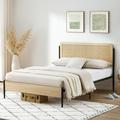 Metal Bed Frame with Curved Rattan Headboard and Wooden Footboard Platform Bed Frame with Under Bed Storage Strong Metal Slat Support No Box Spring Needed Modern White Oak Queen Size