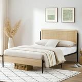 Metal Bed Frame with Curved Rattan Headboard and Wooden Footboard Platform Bed Frame with Under Bed Storage Strong Metal Slat Support No Box Spring Needed Modern White Oak Queen Size