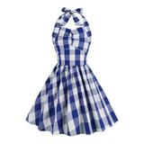 Virmaxy Toddler Girls Vintage Dress 1950s Retro Dress Halter Plaid Printed V Neck Cocktail Party Dress Sleeveless Princess Blue 8Y