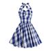 Virmaxy Toddler Girls Vintage Dress 1950s Retro Dress Halter Plaid Printed V Neck Cocktail Party Dress Sleeveless Princess Blue 6T