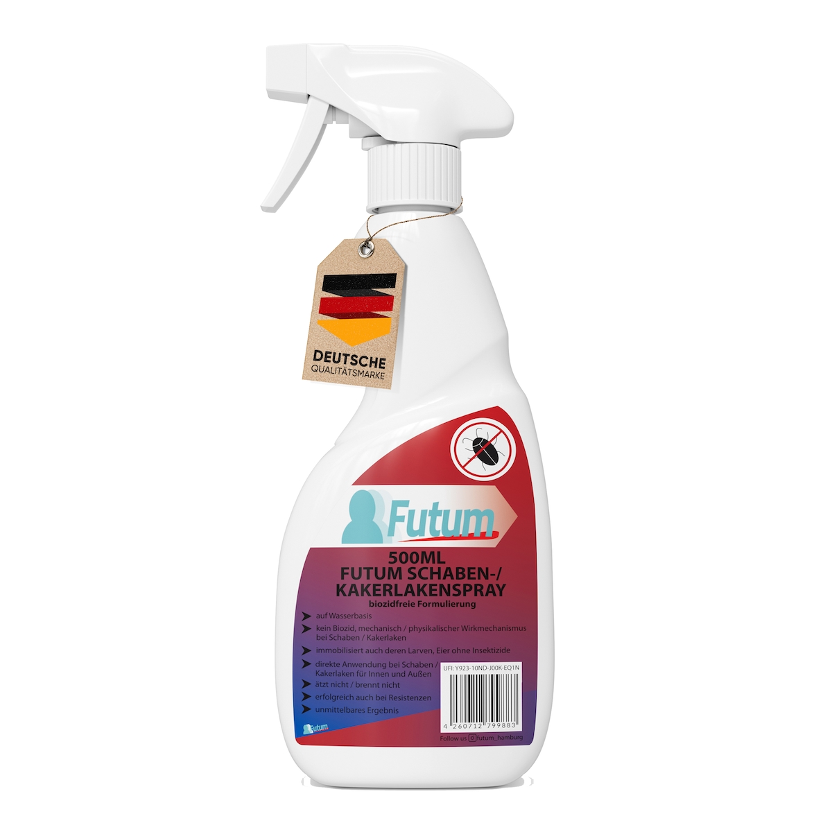 FUTUM 500ml Schabenspray / Kakerlakenspray bekämpft Insekten, Eier, Larven, Insektenspray ohne Biozide auf Wasserbasis, Sofortwirkung ohne Flecken Image