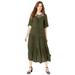 Plus Size Women's Crochet-Yoke Crinkle Dress by Roaman's in Dark Olive Green (Size 16 W)