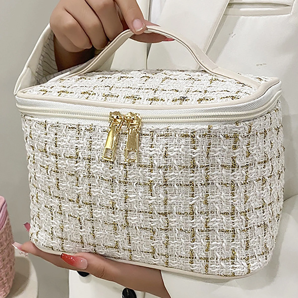 Grand sac de maquillage en tissu tissé pour voyage – Organisateur de pochette à cosmétiques à la mode, élégant et pratique