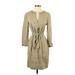 Elie Tahari Casual Dress - Shirtdress V Neck 3/4 sleeves: Tan Print Dresses - Women's Size 4