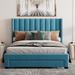 Queen Size Velvet Upholstered Platform Bed Frame with Big & High Headboard and Drawer, High Load Capacity Slat Support, Blue