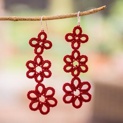 'Hand-Tatted Floral Dangle Earrings in Crimson fro...