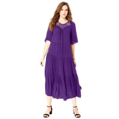 Plus Size Women's Hand-Crinkled Crochet Neck Dress by Roaman's in Purple Orchid (Size 14 W)