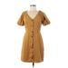 TeXTURE & THREAD Madewell Casual Dress V-Neck Short sleeves: Brown Solid Dresses - Women's Size X-Small