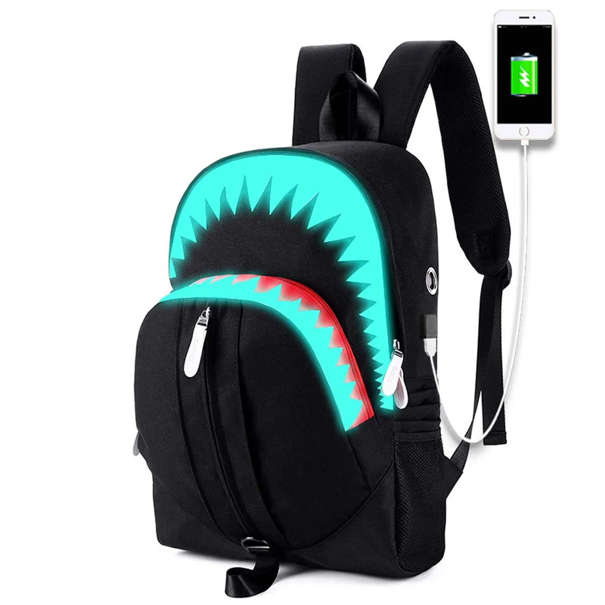 Sac à dos quotidien à motif de bouche de requin lumineux de nuit, sacs d'école pour adolescents, sac de voyage de grande capacité, sac à dos décontracté pour ordinateur portable USB pour hommes