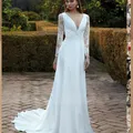 Semplice ed elegante una linea abiti da sposa spiaggia manica lunga scollo A V manica lunga Chiffon