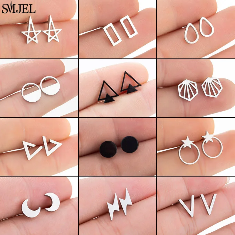 Mehrere geometrische Mini-Ohrstecker, schwarzer Edelstahl, runde Stern- und Mond-Ohrringe, Modeschmuck, Damen und Herren, minimalistische Ohrringe Image