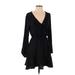 Express Casual Dress - Party Plunge Long sleeves: Black Print Dresses - Women's Size Small