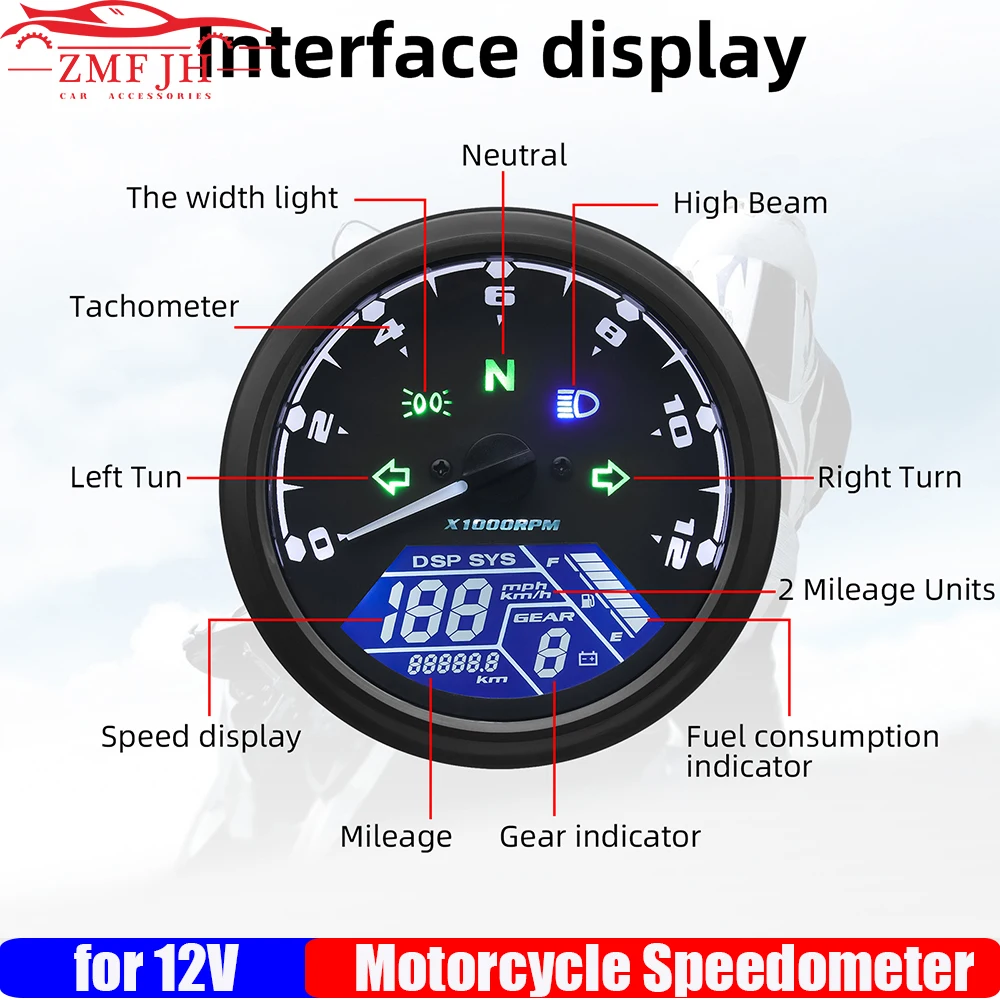 Universal Motorrad Instrument Digital LCD Tachometer Meter Sensor Tachometer 0 ~ 12000RPM für 1-4 Zylinder Motorrad 12V Image