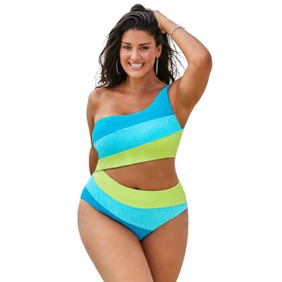 Plus Size Women's One Shoulder Color Block Cutout One Piece Swimsuit by Swimsuits For All in Cool Sparkle (Size 4)