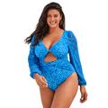 Plus Size Women's Mesh Sleeve Cut Out Out One-Piece Swimsuit by Swimsuits For All in Royal Abstract (Size 18)
