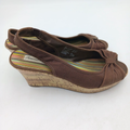 American Eagle Outfitters Shoes | American Eagle Wedge Shoes Women's Peep Toe Heels Cork Brown Fabric - Size 8.5w | Color: Brown/Red | Size: 8.5