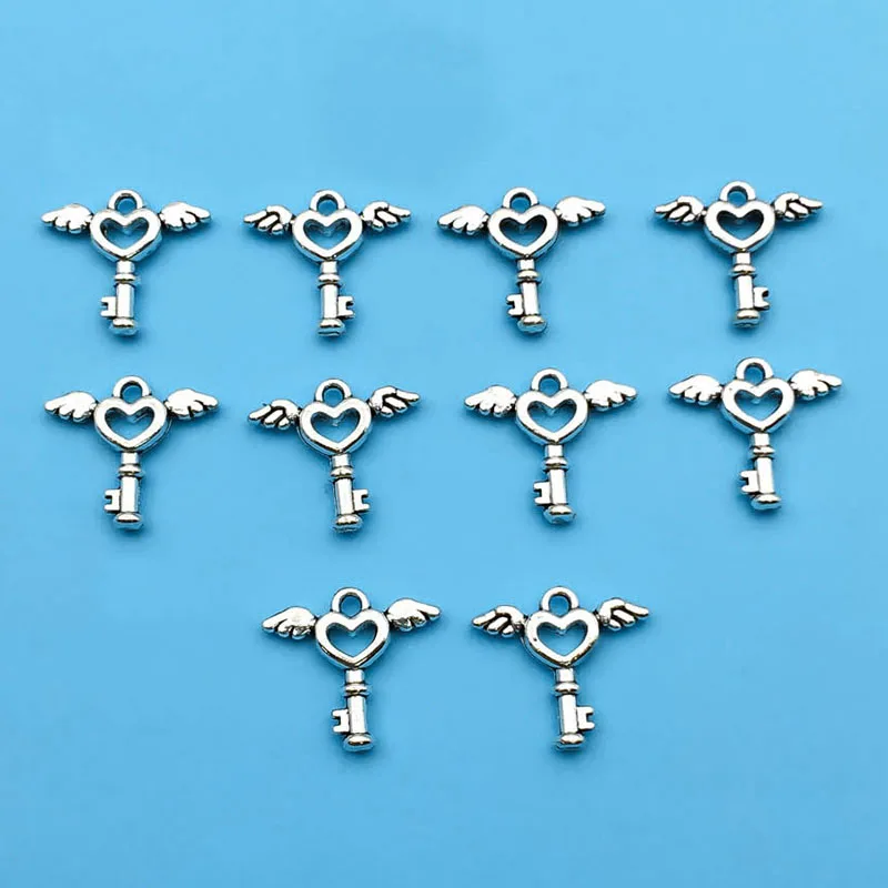 10/20 pièces Antique argenté ailes d'ange clé coeur breloque créative pour la fabrication de bijoux Bracelet collier boucles d'oreilles porte-clés bricolage fait à la main