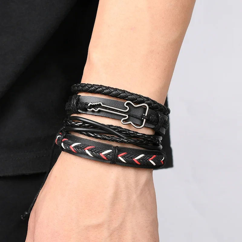 Vintage Lederarmband für Männer Armband Rock Hip Hop gewebt vierteiliges Rindsleder Handwerk einfacher Handseil Schmuck für Männer