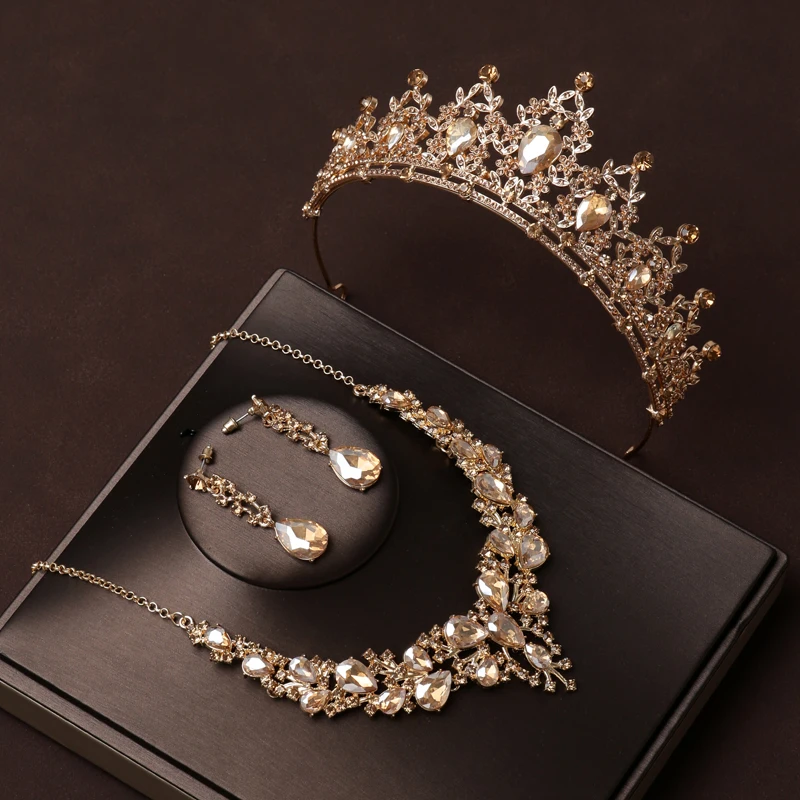 Voller bezaubernder Stil Vintage klassische Champagner-Farbe Damen Tiara Halskette Ohrringe 4-teiliges Set ​ Für die Hochzeitsbraut Image