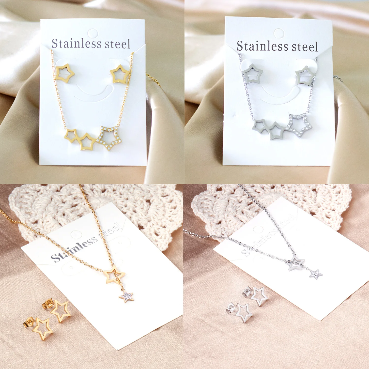 Zirkonia Stern Anhänger Halskette Ohrringe Set Edelstahl Schmuck Sets für Frauen Mädchen Gold Silber Farbe Ohrstecker Geschenk Image
