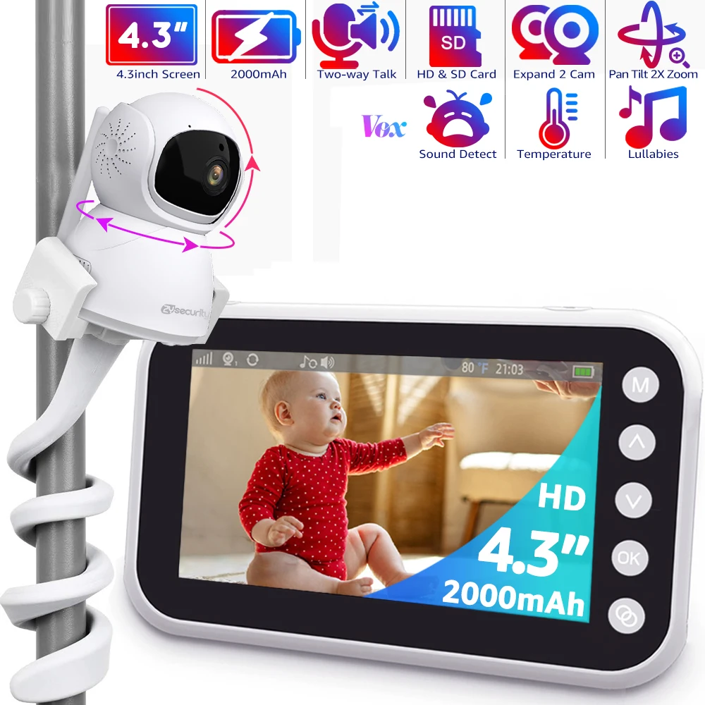 4,3-Zoll-Babyphone mit Kamera, Schwenk-Neige-Zoom, HD-Babyphone, kein WLAN, 2000 mAh, lange Akkulaufzeit, mobile Babykamera, 2-Wege-Gespräch, Nachtsicht, SD-Karte – mit Halterung Image