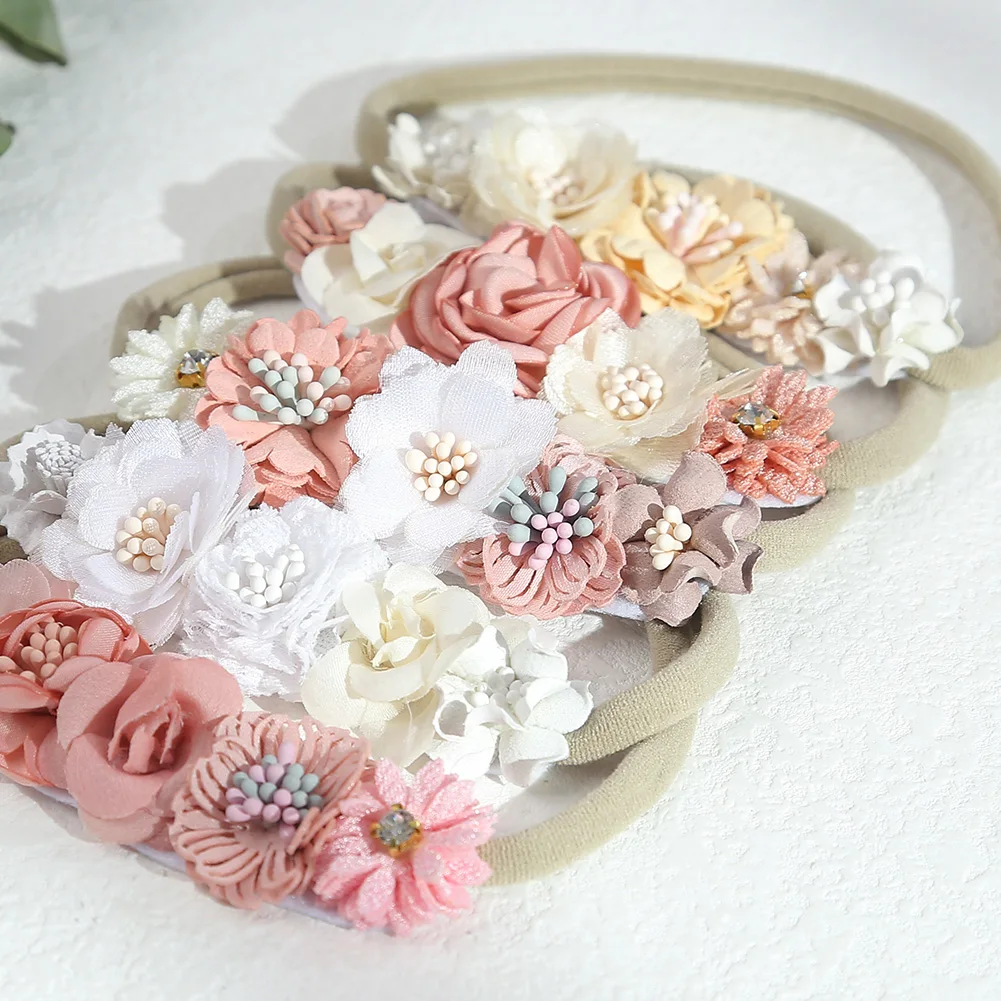 Künstliche Blume Baby Stirnband Neugeborenen Jungen Mädchen Gefälschte Blumen Nylon Haarbänder Prinzessin Strass Haar Zubehör Image